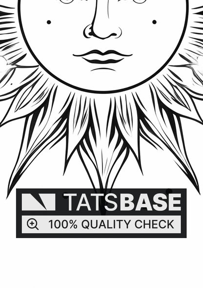 Tattoo template of a sun with a human face and detailed rays, evoking warmth and serenity