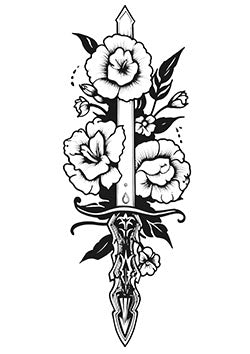 Tattoo template of a sword entwined with blooming flowers, symbolizing strength and beauty