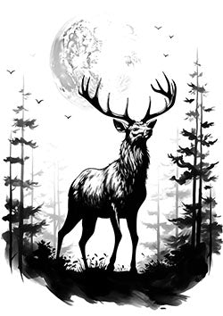 Tattoo template of a stag with antlers under a full moon amidst a forest and birds