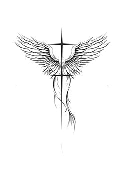 Tattoo template of an eagle with wings spread and a cross.