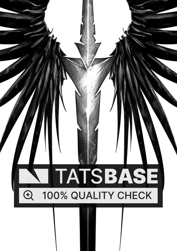 Tattoo template of stylized wings with a central spear