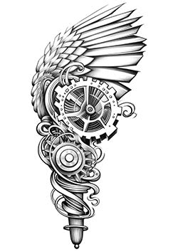 Tattoo template of a wing with gears and machinery elements