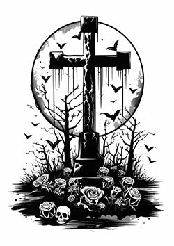 Tattoo template of a cross with roses and a skull