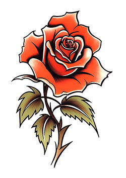 Tattoo template of a red rose in full bloom with green leaves