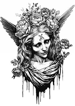 Tattoo template of an angel-like figure with roses and wings