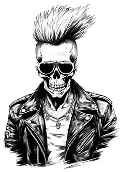 Tattoo template of a skeletal punk figure with a mohawk, leather jacket, and sunglasses