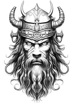 Tattoo template of a fierce Viking warrior with a detailed horned helmet and intense gaze