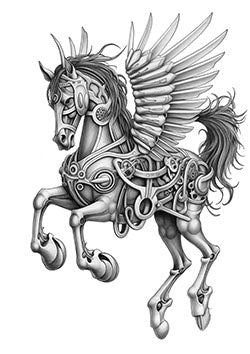 Tattoo template of a mechanical pegasus with intricate details and majestic wings blending mythical and mechanical elements.