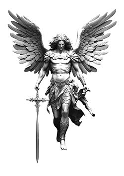 Tattoo template of a powerful archangel with a sword and majestic wings descending with fierce determination