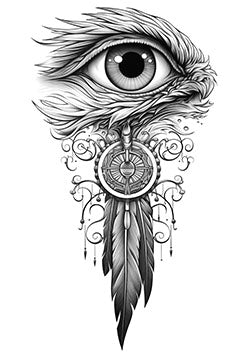 Tattoo template of a detailed eye with flowing feathers and an intricate dreamcatcher evoking serenity