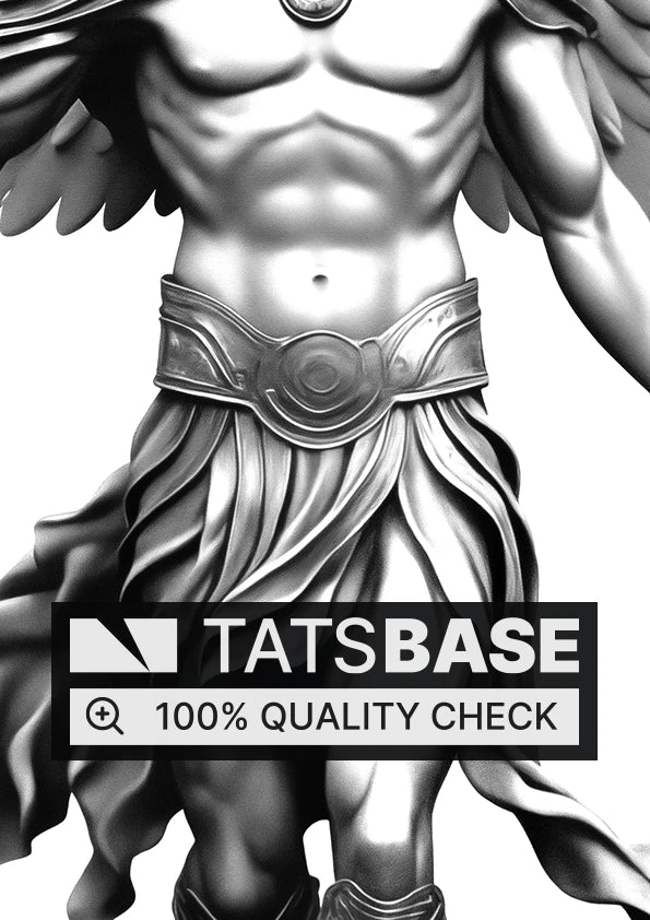 Tattoo template of a powerful archangel with wings and a sword, embodying strength and protection