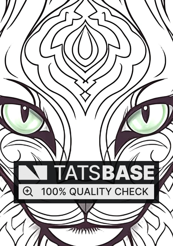 Tattoo template of a majestic cat's face with intricate geometric designs and green eyes