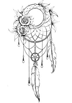 Tattoo template of a dreamcatcher with roses and feathers blending elegance and cultural symbolism