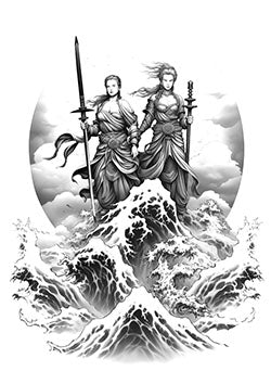 Tattoo template of warrior women and stormy ocean waves