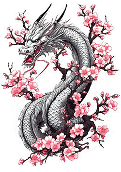 Tattoo template of a dragon with cherry blossoms