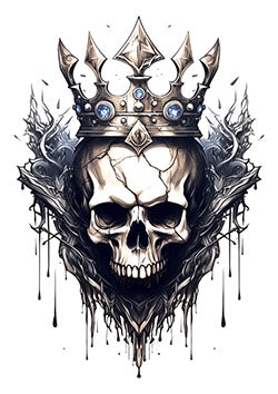 Tattoo template of a skull wearing a crown with thorny, dark designs surrounding it