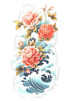 Tattoo template of peonies and waves in traditional Japanese style