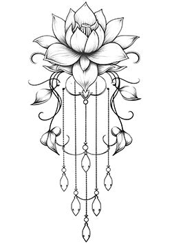 Tattoo template of a beaded lotus with dangling jewels