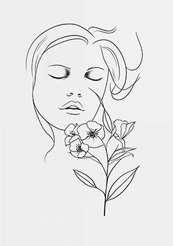 Tattoo template of a serene woman's face intertwined with blossoming flowers