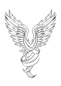 Tattoo template of angel wings with a ribbon, symbolizing freedom and hope.