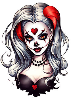 Tattoo template of a gothic female figure with heart-themed face paint and intense red eyes