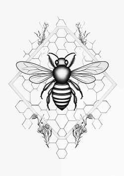 Tattoo template of a bee with geometric honeycomb pattern and delicate flowers