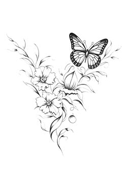 Tattoo template of a butterfly over flowers and leaves in black and white design