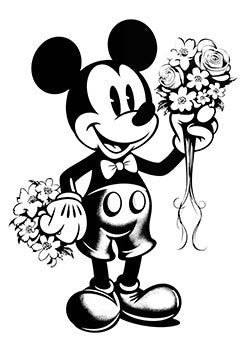 Tattoo template of a cartoon mouse with a flower bouquet