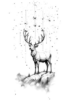 Tattoo template of a stag standing on a cliff with stars and orbs in the night sky