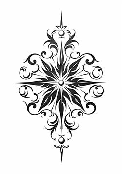 Tattoo template of an ornate symmetrical cross with a central orb