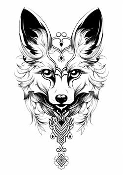 Tattoo template of a stylized tribal fox head with ornate details