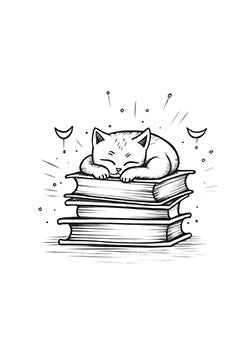 Tattoo template of a cat sleeping on books surrounded by whimsical elements