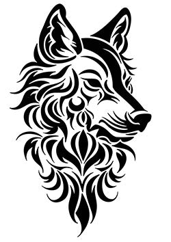 Tattoo template of a stylized tribal wolf head