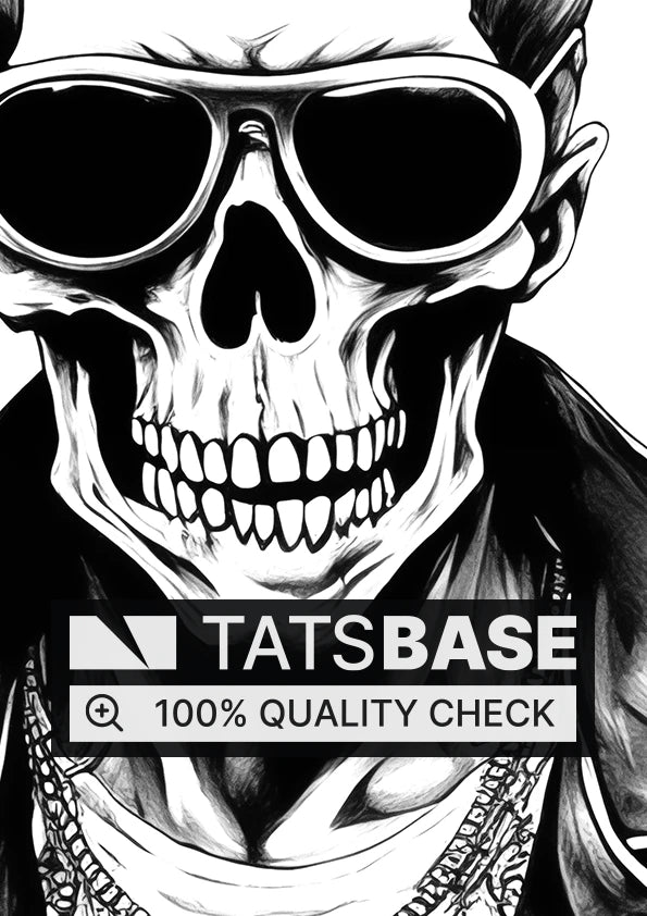 Tattoo template of a skeletal punk figure with a mohawk, leather jacket, and sunglasses