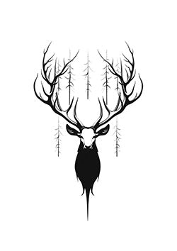 Tattoo template of a stag with antlers as a forest silhouette