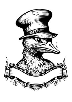 Tattoo template of a duck wearing a top hat with a vintage scroll below for an elegant and whimsical look