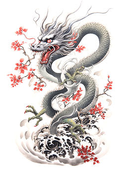 Tattoo template of a Japanese dragon with cherry blossoms