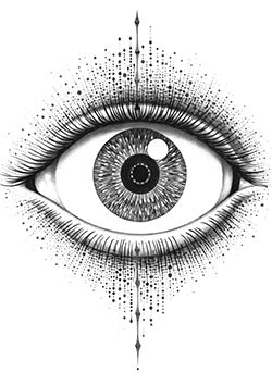 Tattoo template of a detailed human eye with ink splatter.