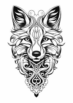 Tattoo template of a stylized wolf with tribal patterns