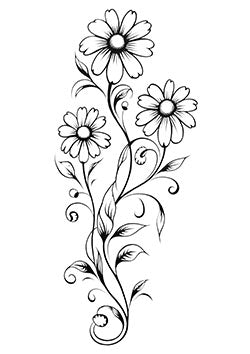 Tattoo template of a stem with blooming daisies and swirls