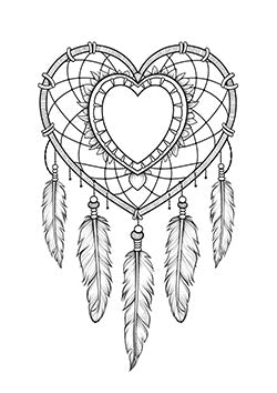 Tattoo template of a heart-shaped dreamcatcher with feathers and webbing symbolizing love and protection