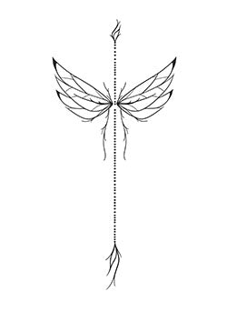 Tattoo template of a minimalist design with wings and dotted line transforming into roots.