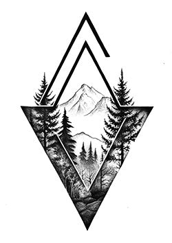 Tattoo template of a mountain and forest scene within geometric shapes