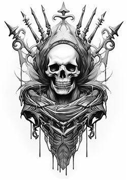 Tattoo template of a skull with a crown of swords and intricate spirals in a dark, regal style.