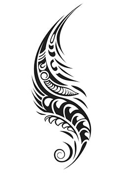 Tattoo template of a stylized feather with intricate swirls and details