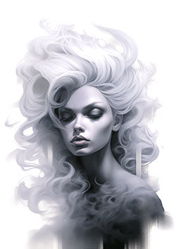 Tattoo template of a woman with flowing white hair amidst a misty aura