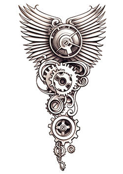 Tattoo template of a set of gears and cogs with wings representing freedom and mechanical artistry