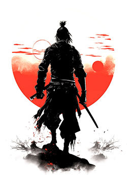 Tattoo template of a Samurai silhouette with a red sun background