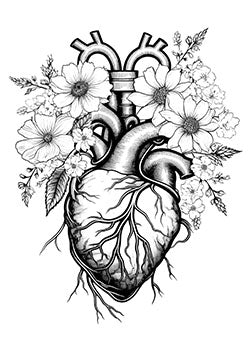 Tattoo template of a heart with flowers and mechanical valves