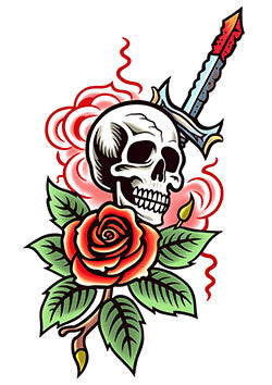 Tattoo template of a skull with a rose and sword, symbolizing life, death, and beauty